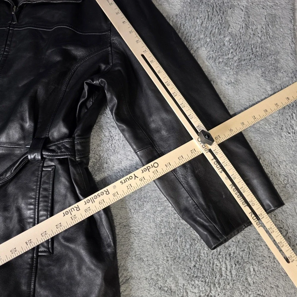 JLC New York Womens M Leather Jacket Black Belted Zip Up Collared Trench Moto